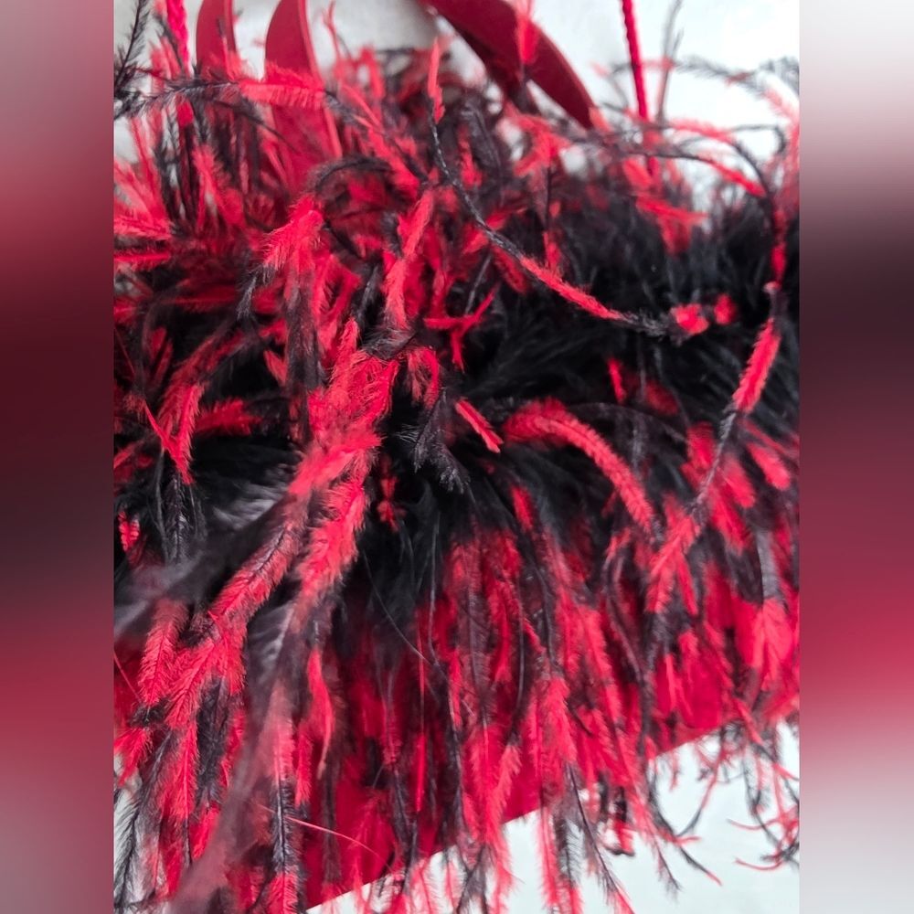 Vtg Red and Black Ostrich Feather Trimmed Satin Crossbody Shoulder Bag Glam 8x5 - Picture 3 of 14